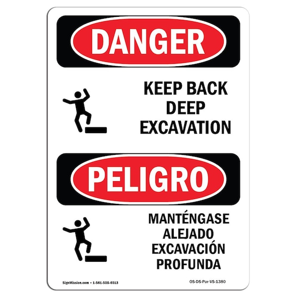 Safety Sign, OSHA Danger, 24" Height, Aluminum, Keep Back Deep Excavation Bilingual Spanish